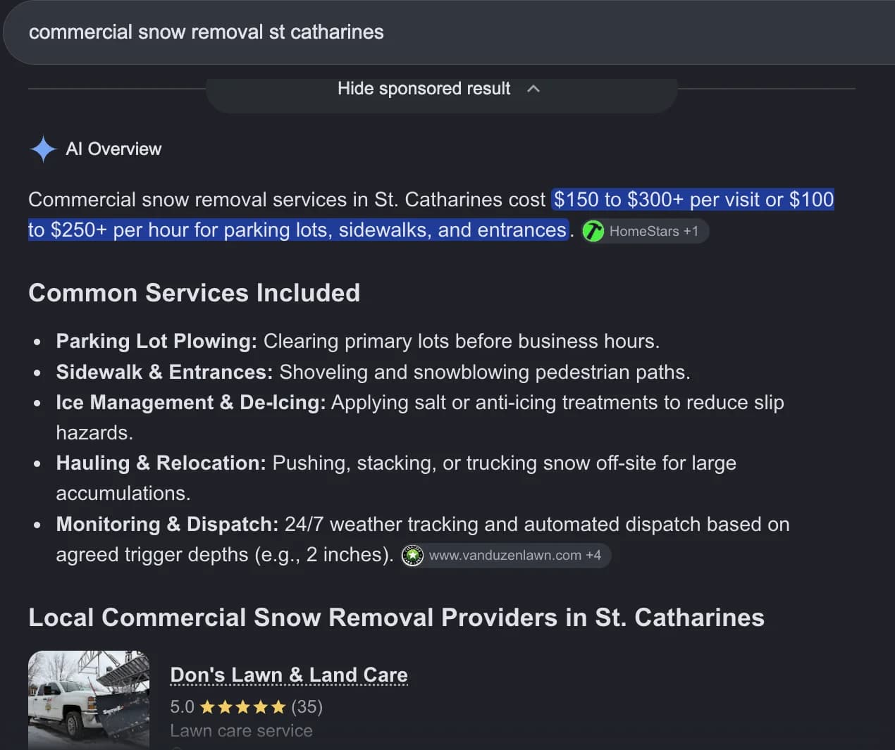 Google AI Overview for commercial snow removal St. Catharines, naming Don's Lawn & Land Care first among local providers
